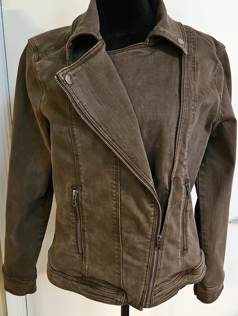Liverpool LA Greyson Ponte Knit Moto Jacket Army Green Asymmetric Zip Women M